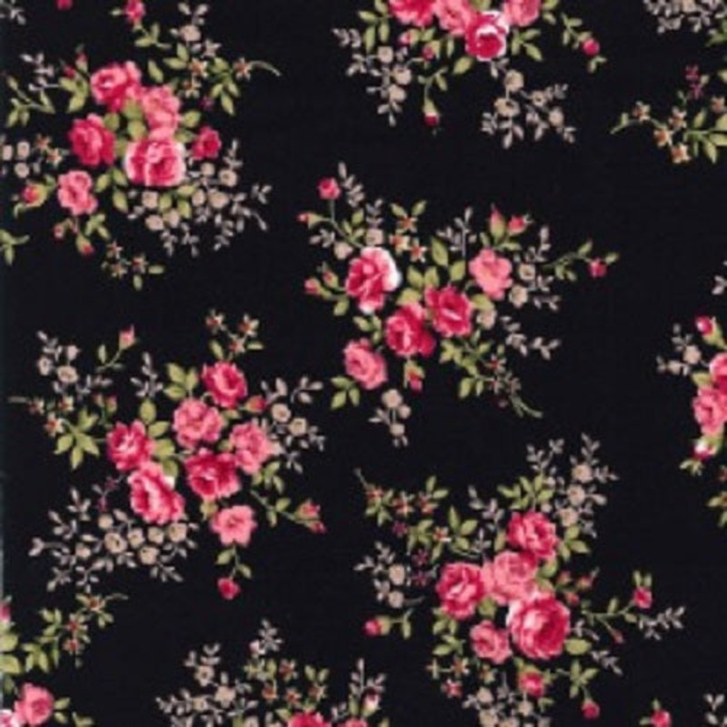 100% Cotton Poplin Fabric – Rose & Hubble – Roses on Black Background 7BLK