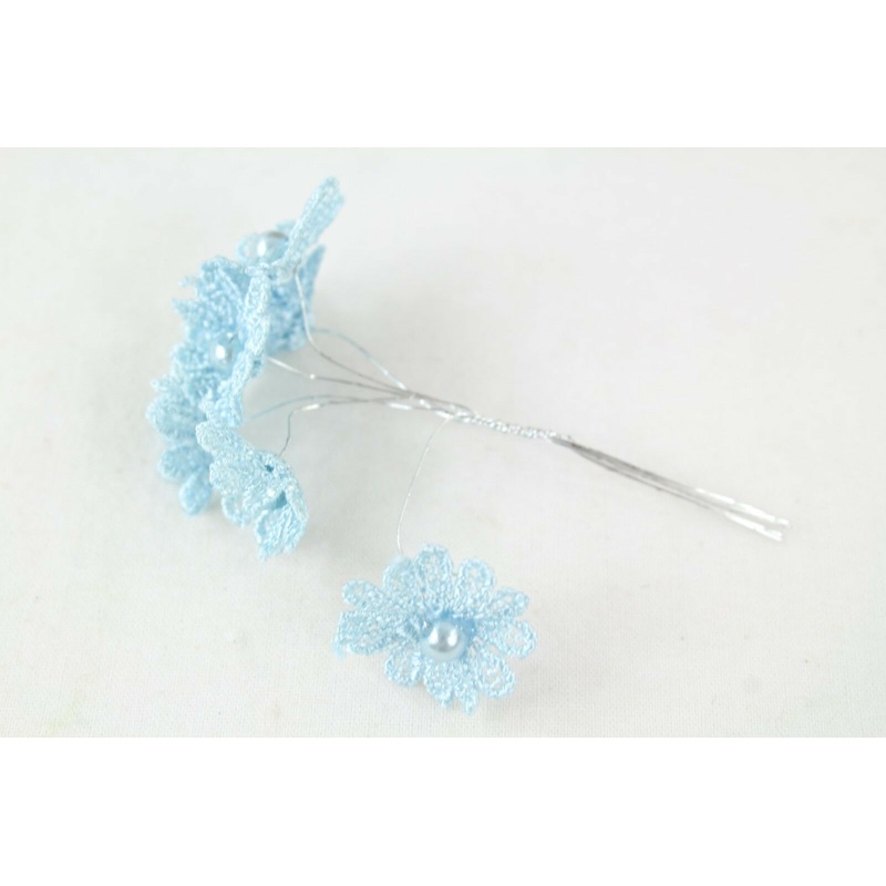 Blue Vintage Lace Pearl Daisy – 6 Wired Stems, 10cm Head size