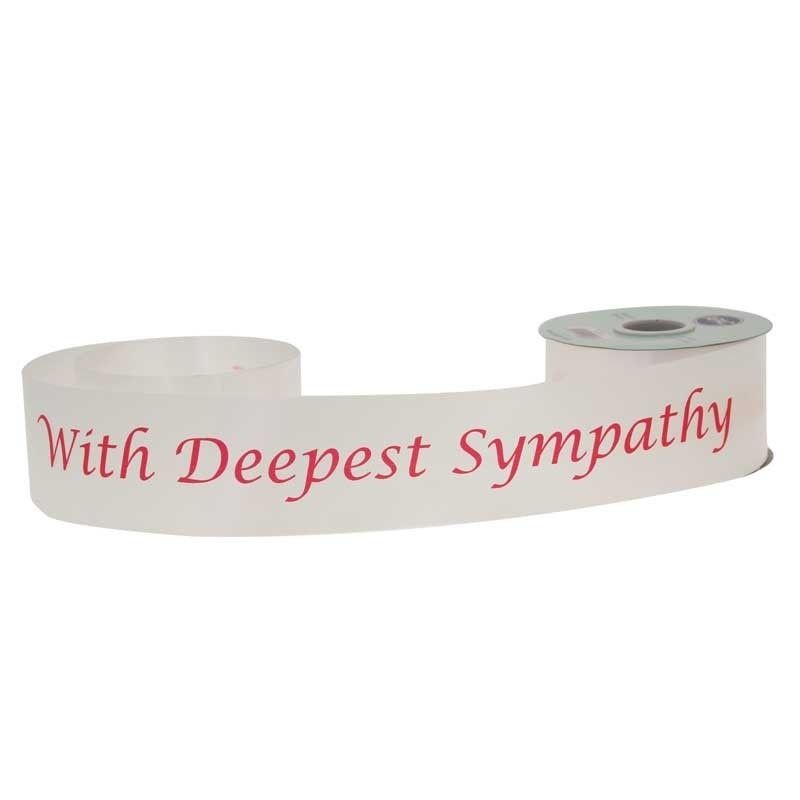 Deepest Sympathy Poly Ribbon – White with red text (2 inch x 50 yards )