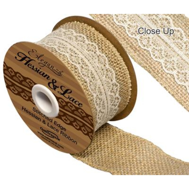 Woven Edge Hessian & Lace 50mm x 5yds Ivory