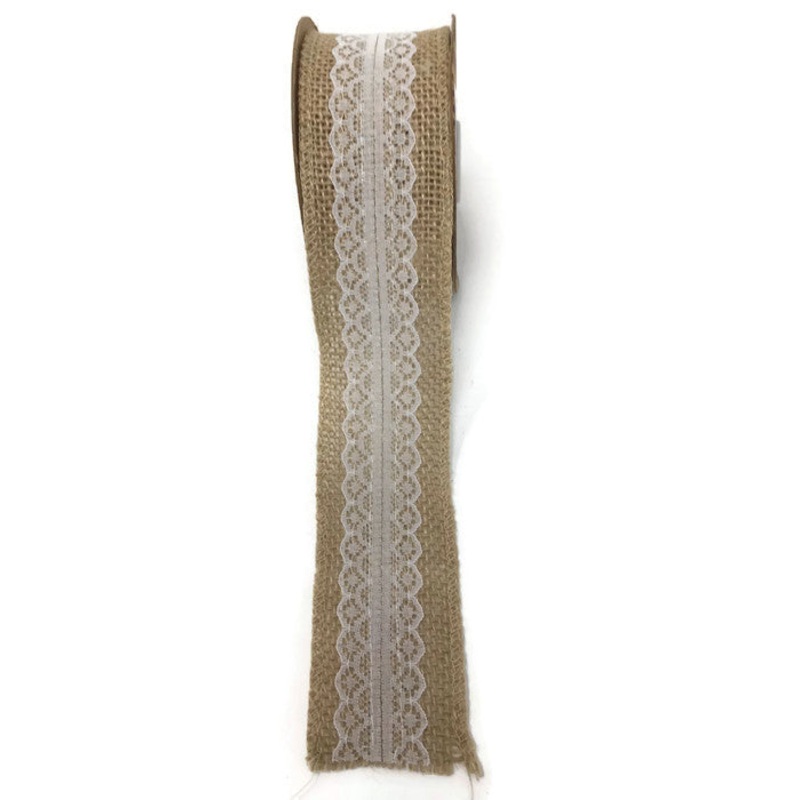 Woven Edge Hessian & Lace 50mm x 5yds White