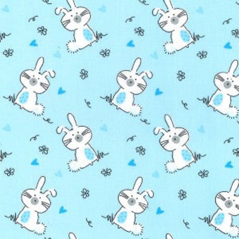 1 Metre Polycotton Blue Bunny Rabbit Fabric 110cm Width