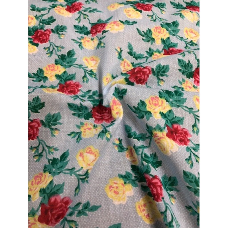 1M Blue Polycotton Floral Fabric x 112cm – Roses on Dotty Background