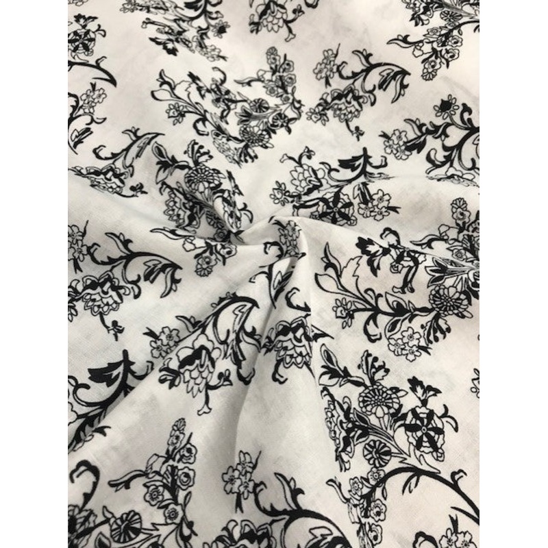 Modern White & Black Floral 100% Cotton Fabric x 150cm / 60 – T103