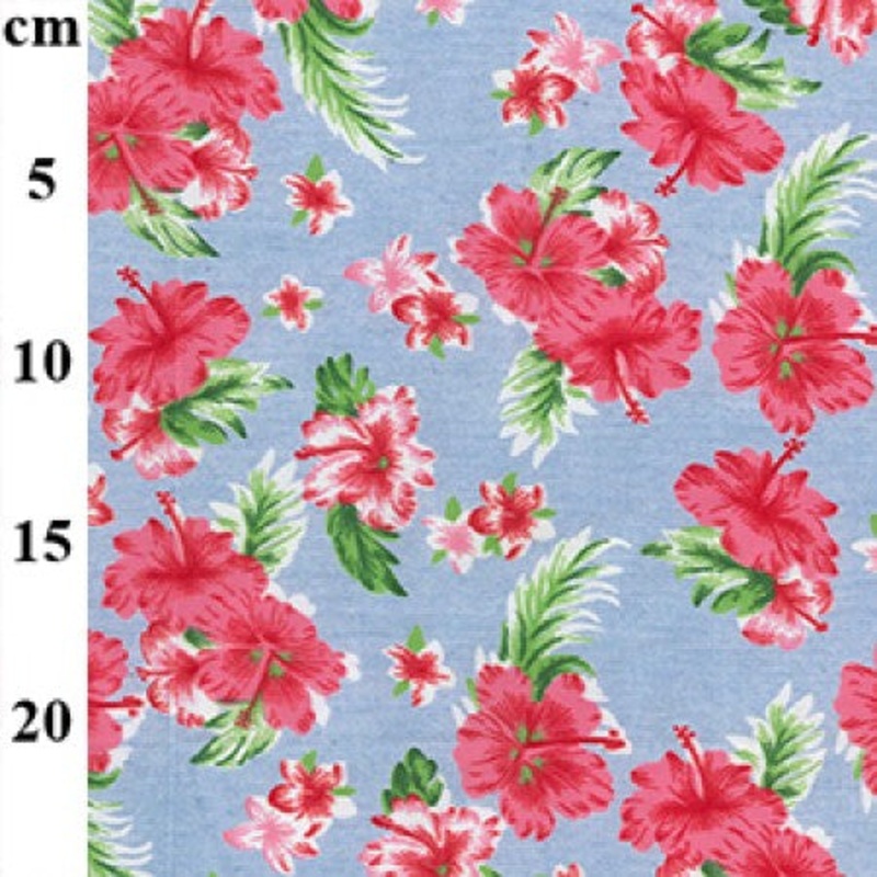 1metre Pink Hibiscus Light Denim 100% Cotton Fabric x 147cm