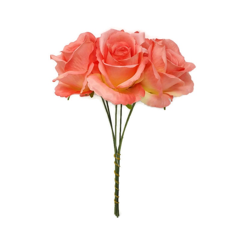 6 Wired Stem Rose Bundle x 27cm – Coral