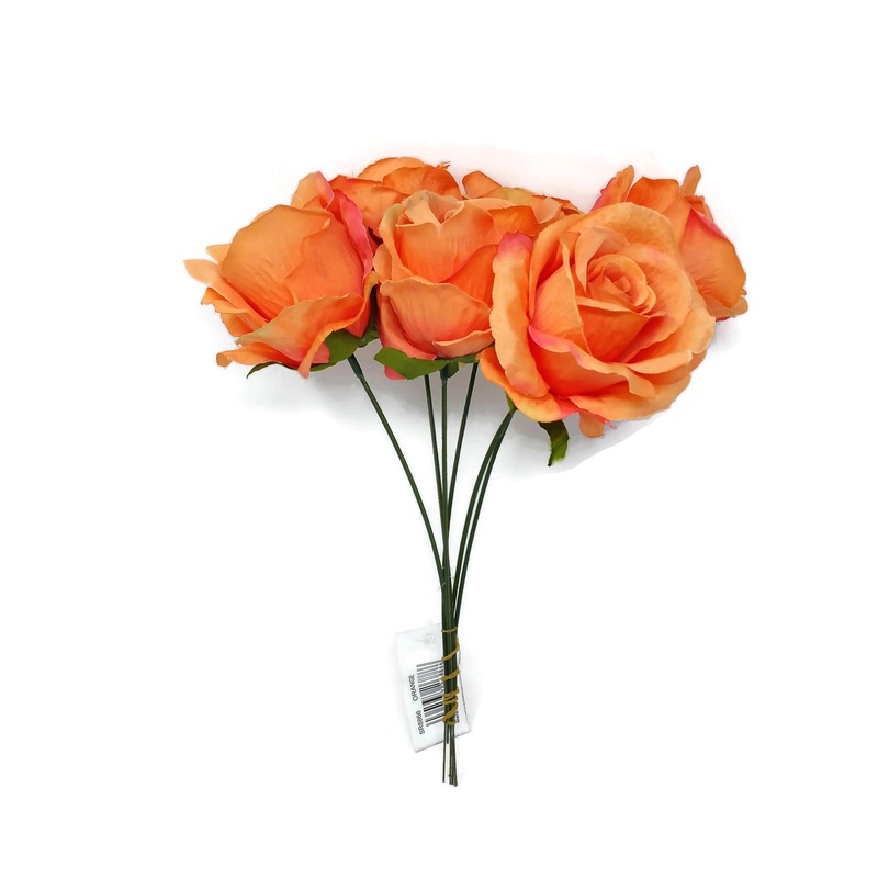 6 Wired Stem Rose Bundle x 27cm – Orange
