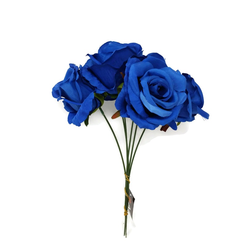 6 Wired Stem Rose Bundle x 27cm – Royal Blue