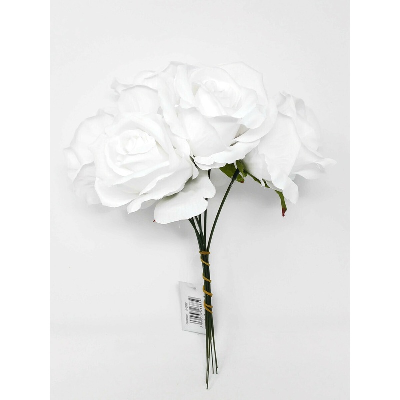 6 Wired Stem Rose Bundle x 27cm – White