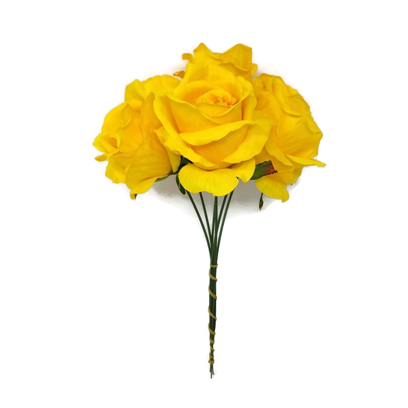 6 Wired Stem Rose Bundle x 27cm – Yellow