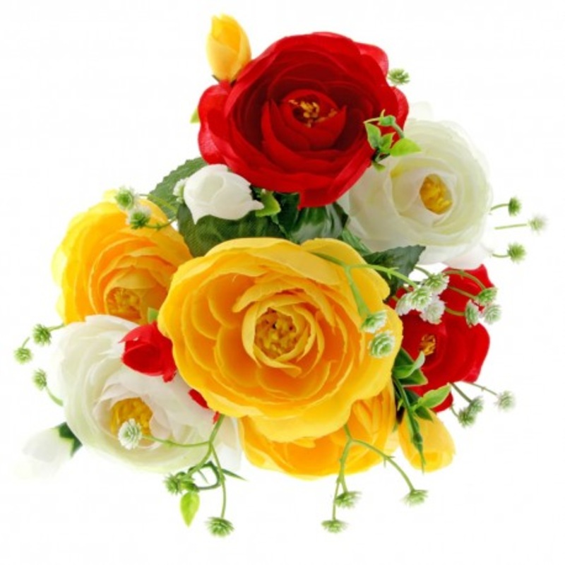 7 Head Mini Ranunculus Bush – Yellow, Red & Cream RN0717