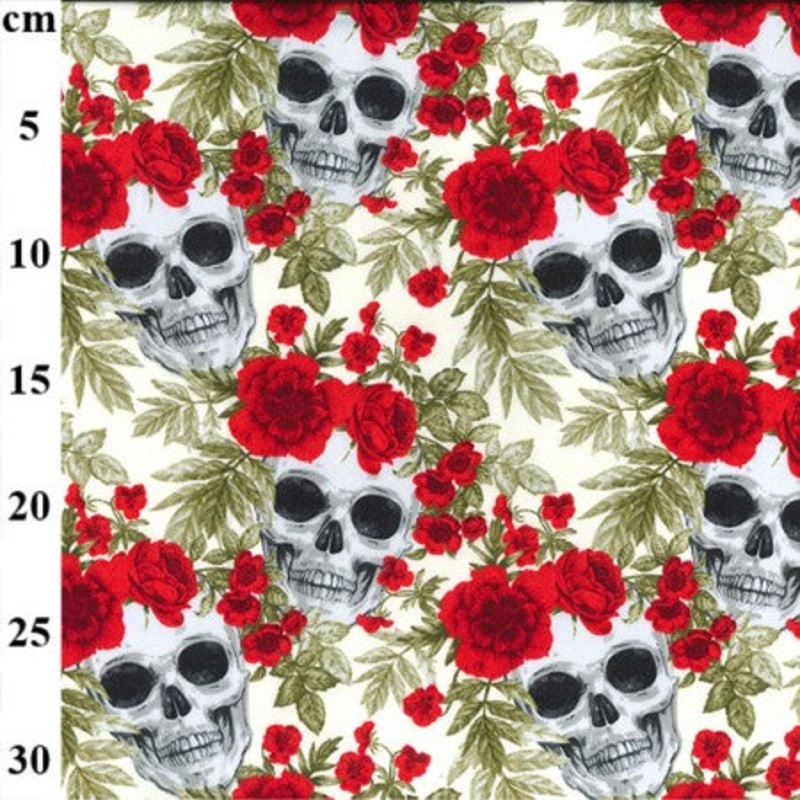 100% Cotton Poplin Skull and Red Rose Chic x 112cm / 44width s763