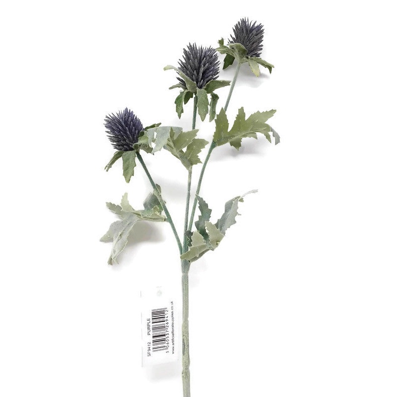 Purple Thistle & Flocked Leaves Spray x 40cm