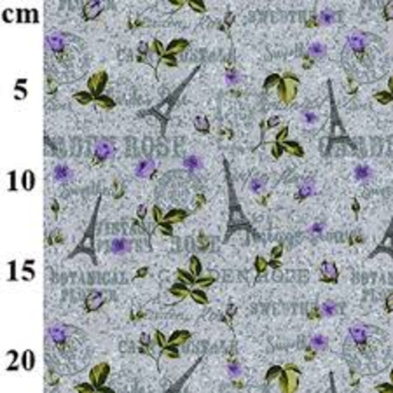 100% Cotton Paris Theme French Eiffel Tower Lavender Grey T130