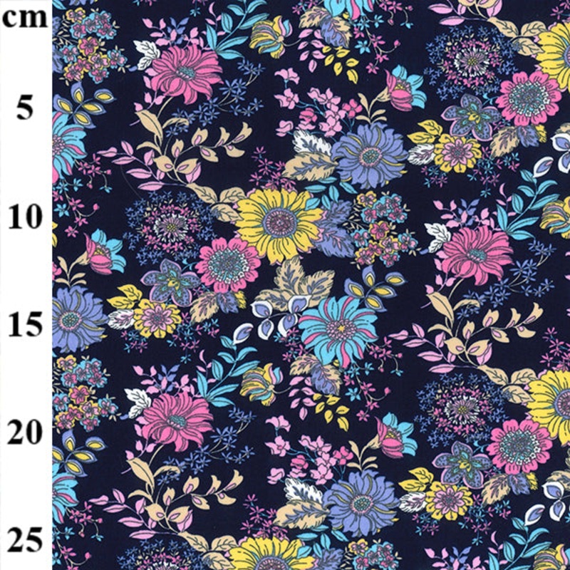 1 Metre 100 % Cotton Poplin Colourful Blooms on Navy Background Fabric Width: 110cm (44 inches) T244
