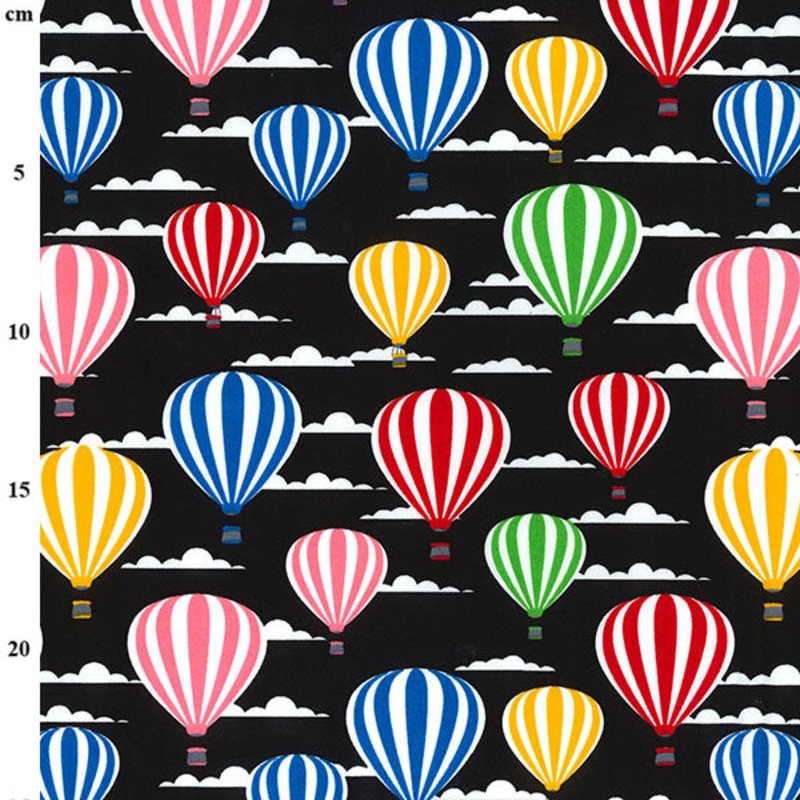 1 Metre Black Hot Air Balloon 100% Cotton Fabric x 110cm/44 Width