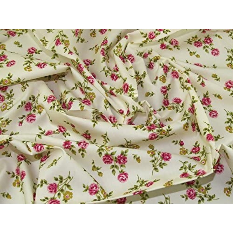1 Metre Cream Fabric with Cerise Tea Roses 100% Cotton Fabric x 110cm Width