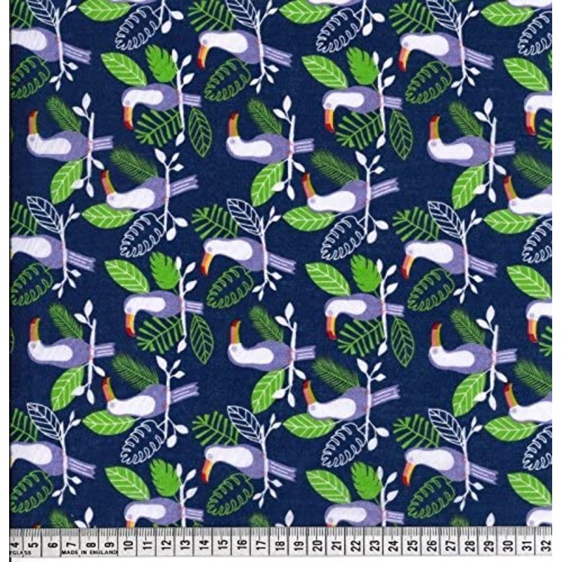 1 Metre Polycotton Tropical Toucan Birds Fabric on Navy Background – 45 Width T206