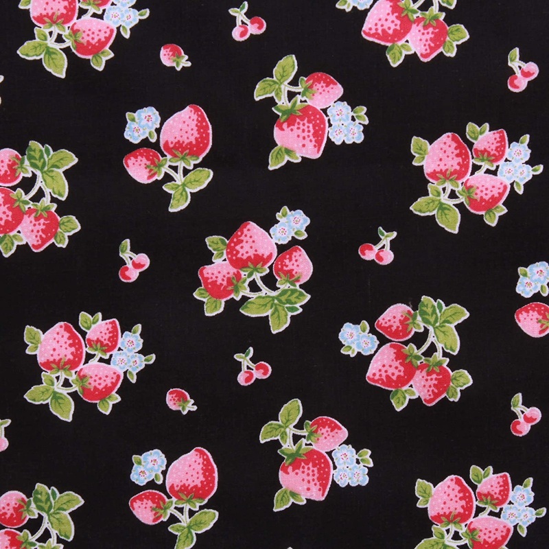 1 Metre Strawberry and Cherry Summer Fruits Polycotton Black Fabric 112cm / 44 Width