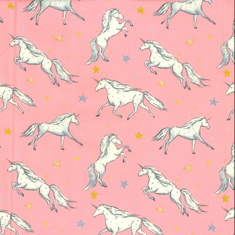 100% Cotton Fabric x 110cm/44 – Galloping Unicorns on Pink Background T112