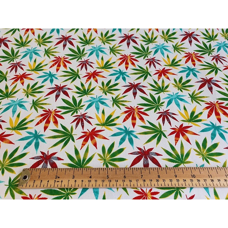 100% Cotton Multi Colour Rainbow Hemp Leaf Weed Marijuana Design Fabric 110cm Width
