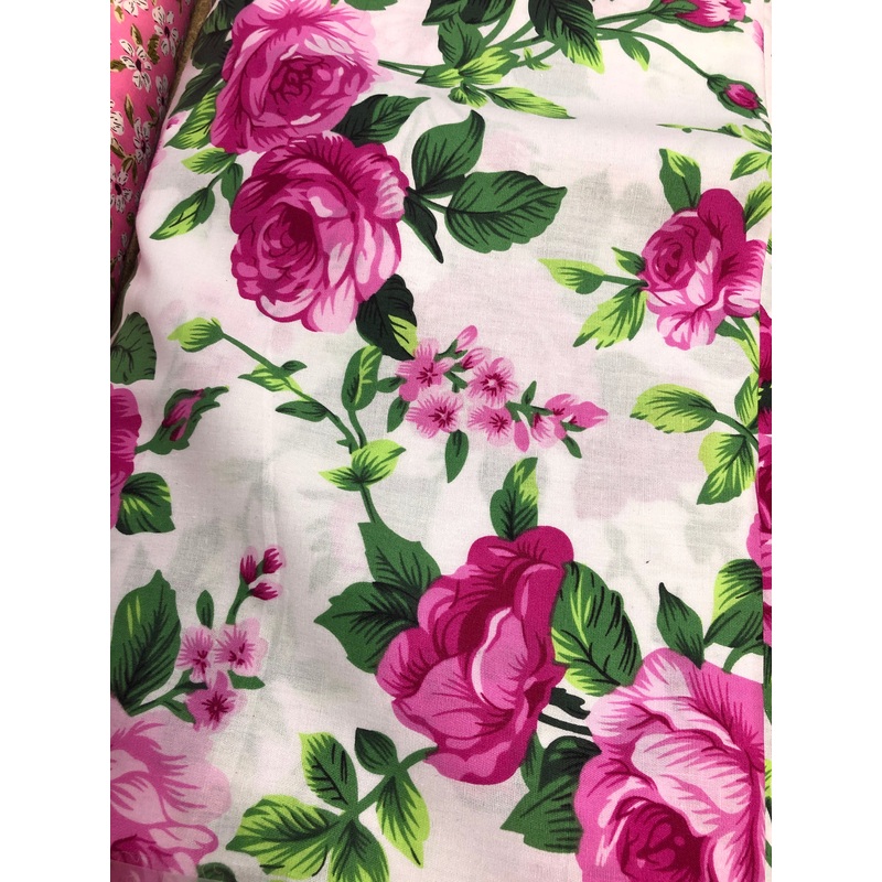 1m White 100% Cotton with Cerise Pink Blooming Roses 150cm Wide