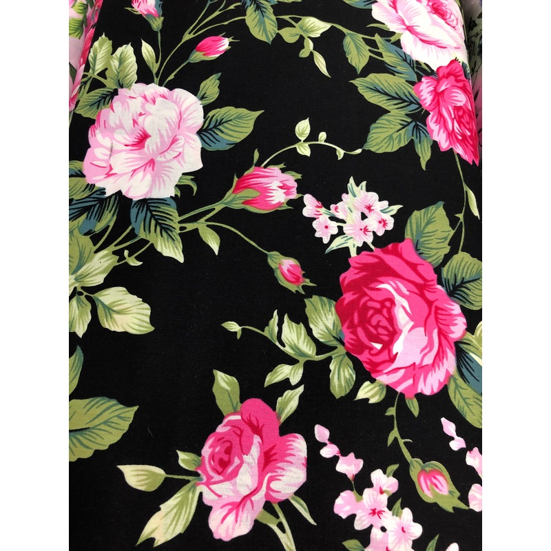 Black 100% Cotton with Cerise & Pink Blooming Roses 150cm Wide