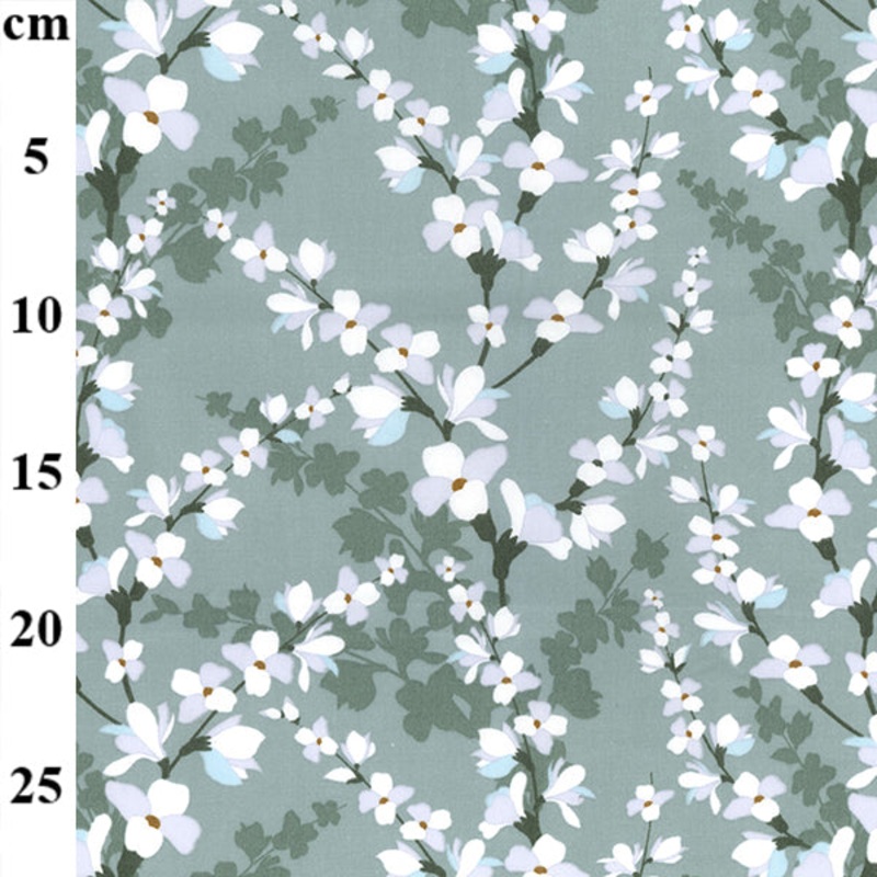Blossom on Grey Green Background100% Cotton Fabric x 110cm  Width 1 metre