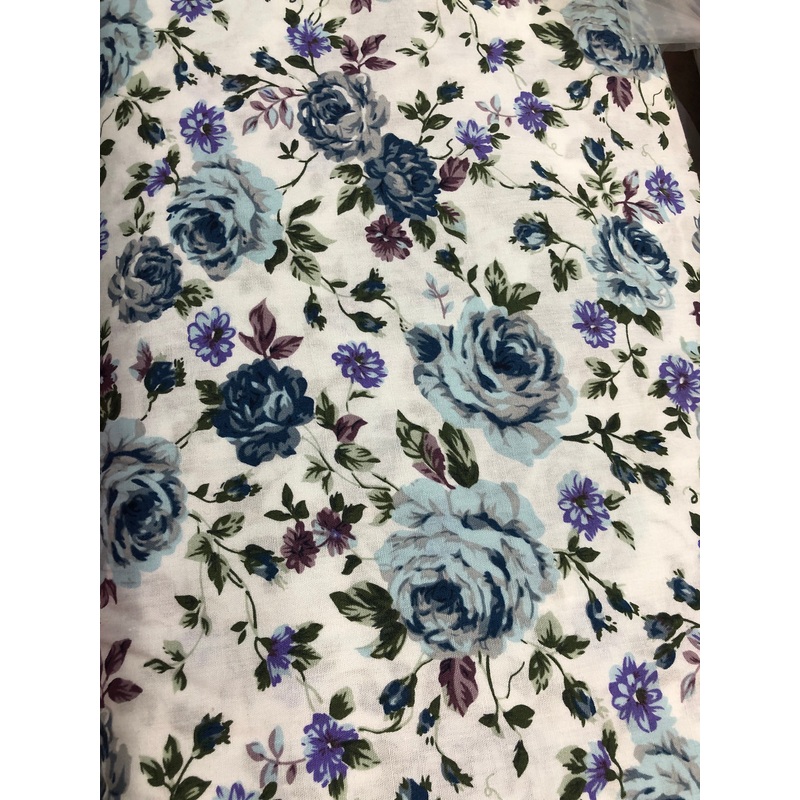Modern Blue Duck Egg Grey Blooming Roses 100% Cotton 150cm Wide