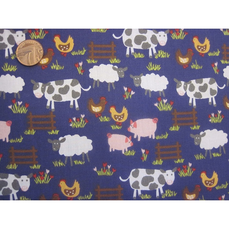 Navy Polycotton Fabric Farm Yard Animals 112cm / 44 Width, 1 Metre T209