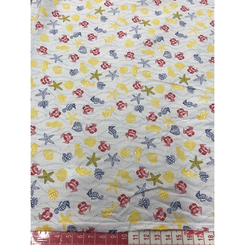 Polycotton Sea Animals Crab, Sea Horse, Star Fish Fabric , Blue, Yellow, Red – 45 Width EPSE