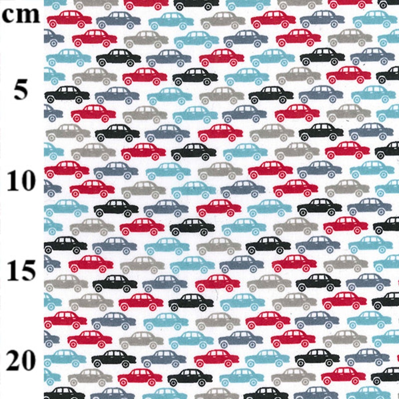 1 Metre Cars, Grey, Red, Blue, Black Polycotton Fabric on Ivory Background x 110cm / 43