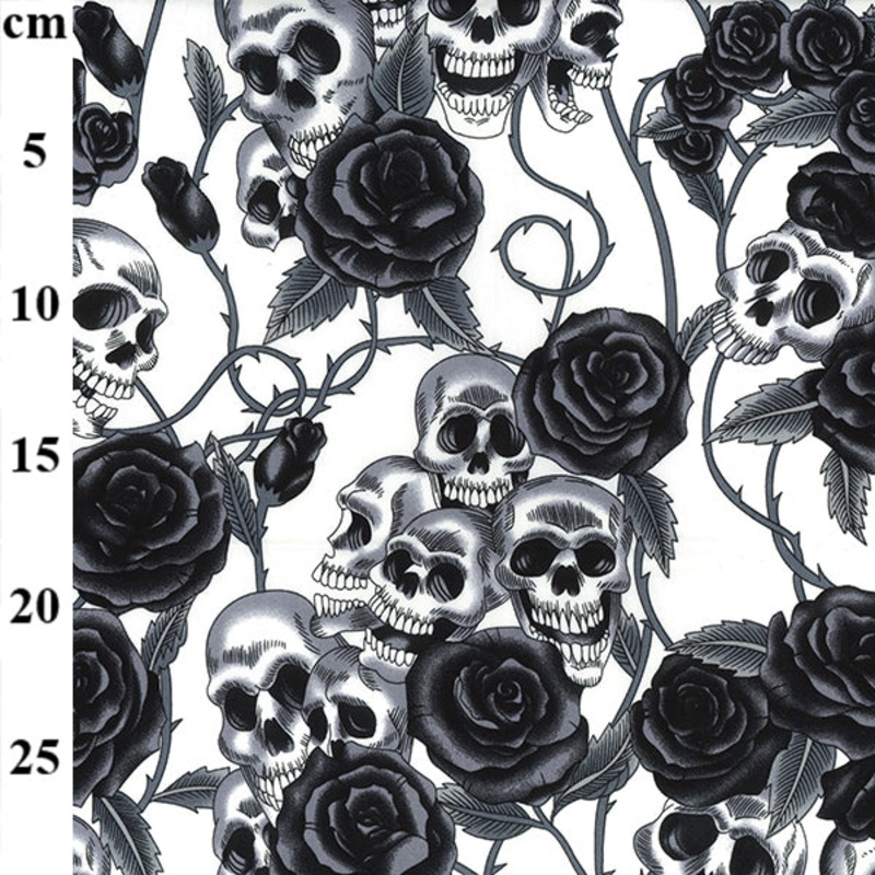 1M -100% Cotton Fabric x 110cm/44 – Skulls with Black Roses