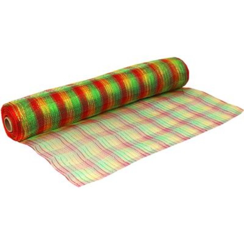 Deco Mesh 53cm x 9.1m (10yds) – Metallic Red, Green & Gold Stripe