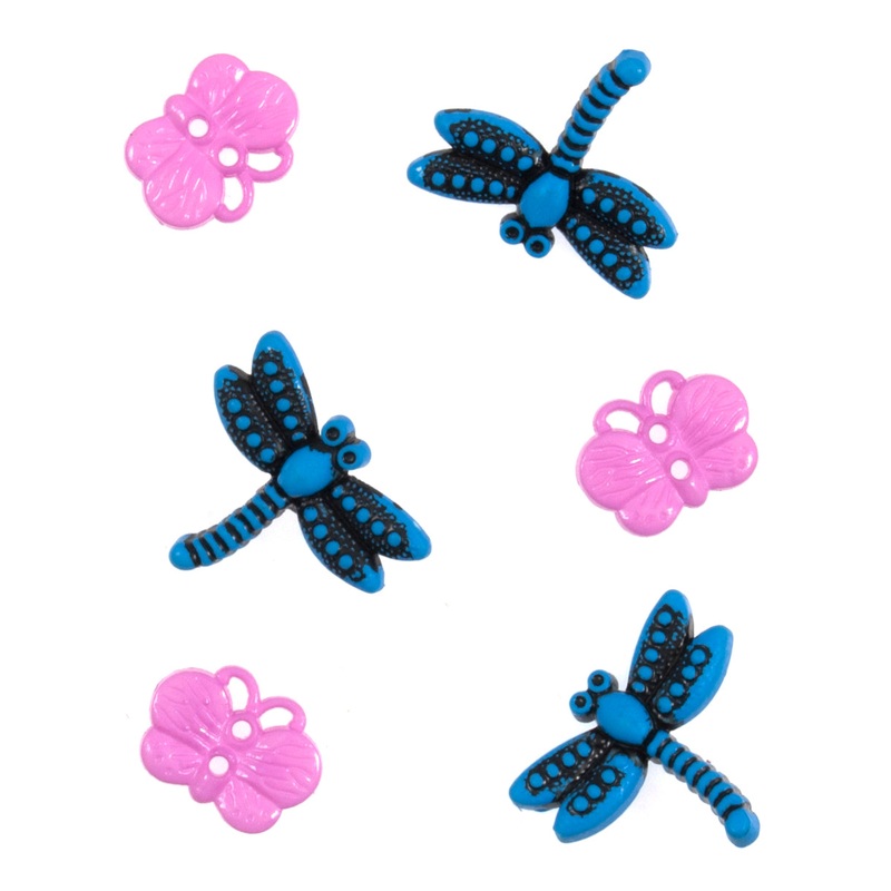 Novelty Craft Buttons, Dragonfly & Butterflies – Blue and Pink ,Pack of 6