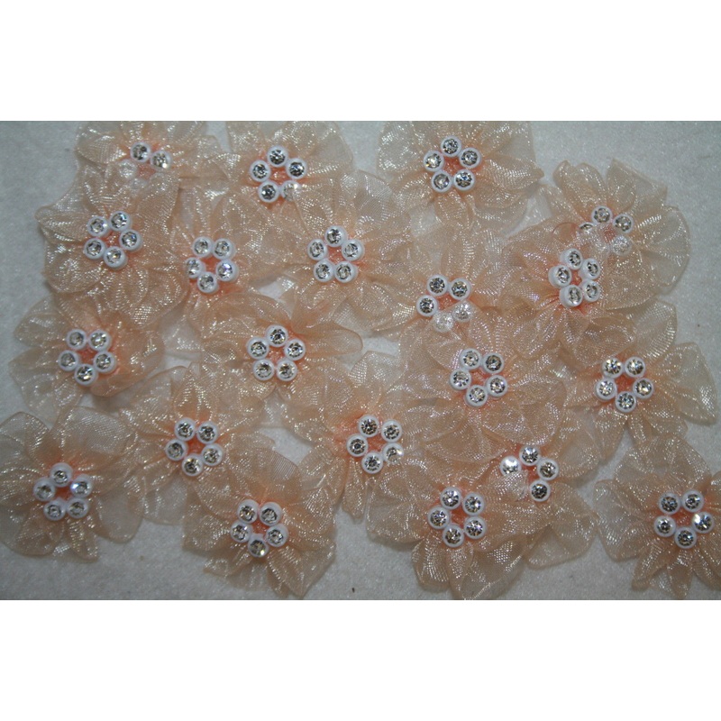 Peach Diamante Delicate Chiffon Flowers 20pcs