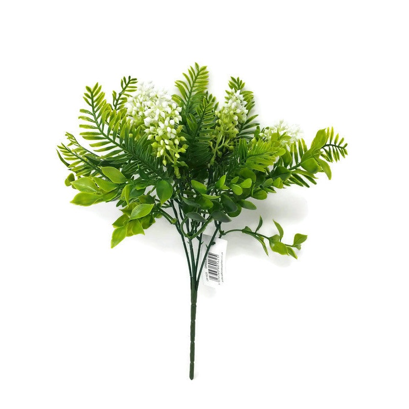 Plastic Mixed Foliage Bush with White Flower Buds x 30cm