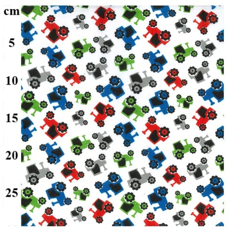 Polycotton Colourful Tractors Fabric – 45 Width – 1 Metre – Red Blue Green Grey