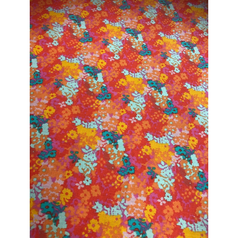 Polycotton Stamped Flowers Fabric – 45 Width – 1 Metre – Coral, Orange, Yellow, Teal, Aqua EP33