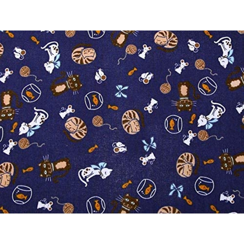 1 Metre Polycotton Navy Cats with Mice and Fish Bowls – 45 Width NC9