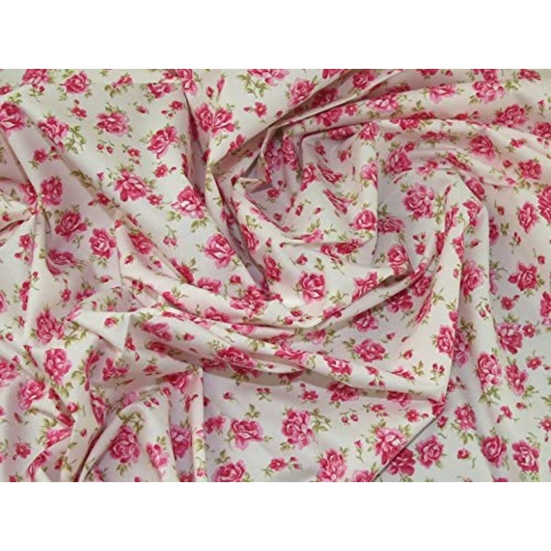 1M 100% Cotton Pink Rose on Ivory Fabric x 112cm / 44