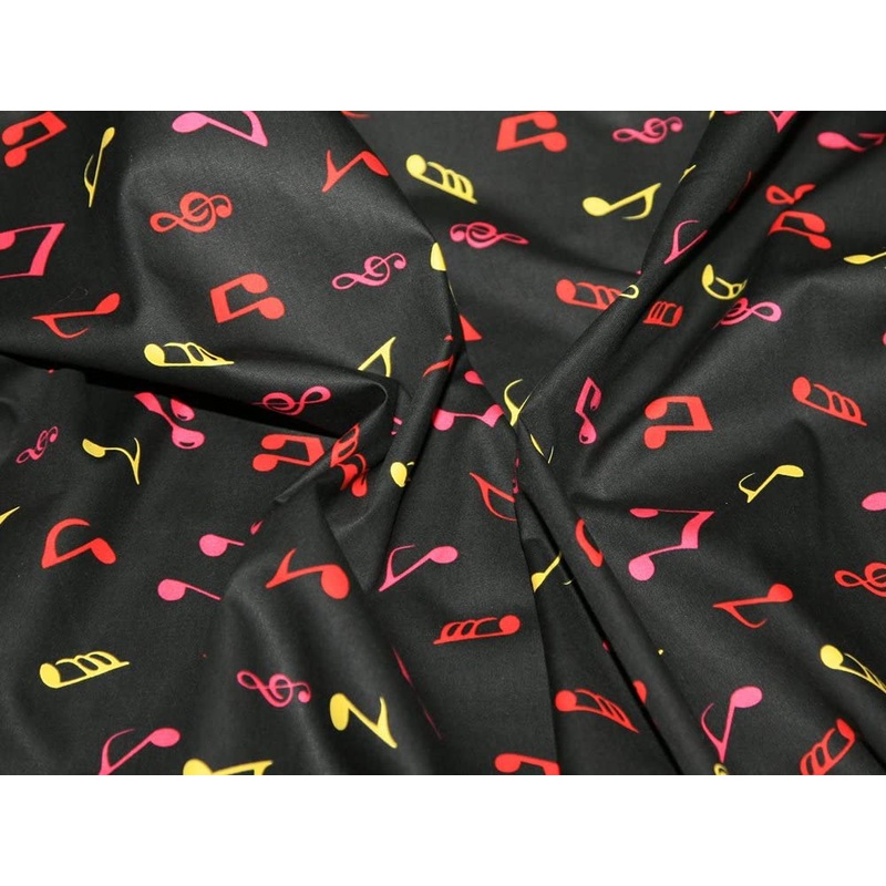 1M 100% Cotton Poplin Musical Coloured Notes Black Fabric x 112cm / 44