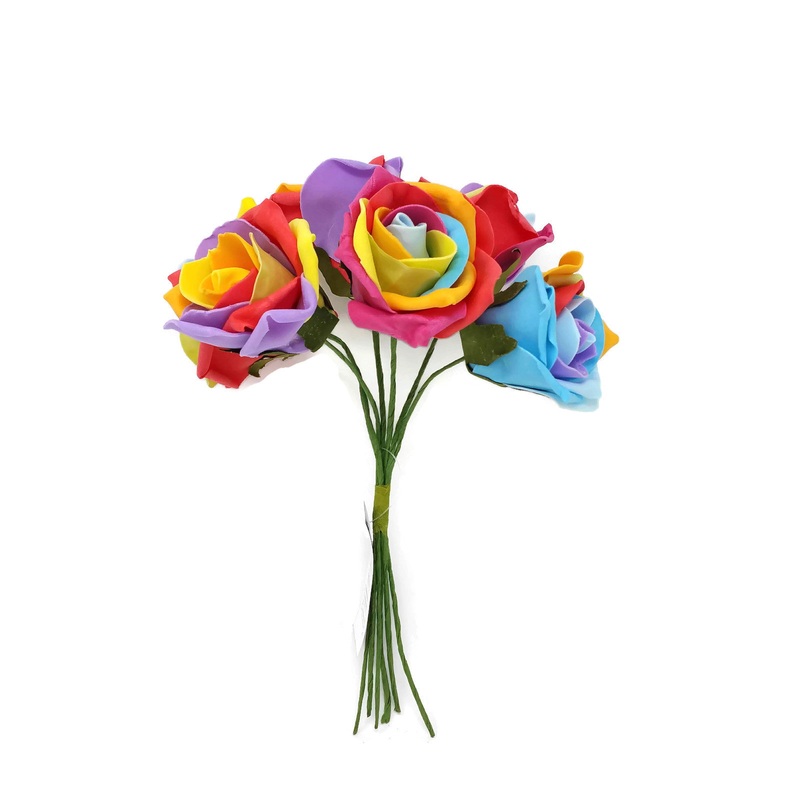 6 Head Rainbow Foam Rose Bunch x 24cm