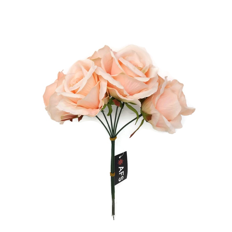 6 Wired Stem Rose Bundle x 27cm – Soft Peach