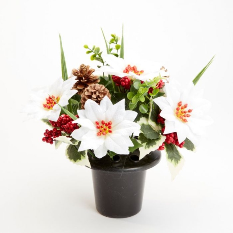 Everlasting Blooms Grave Vase Container with Flowers – White Poinsettia