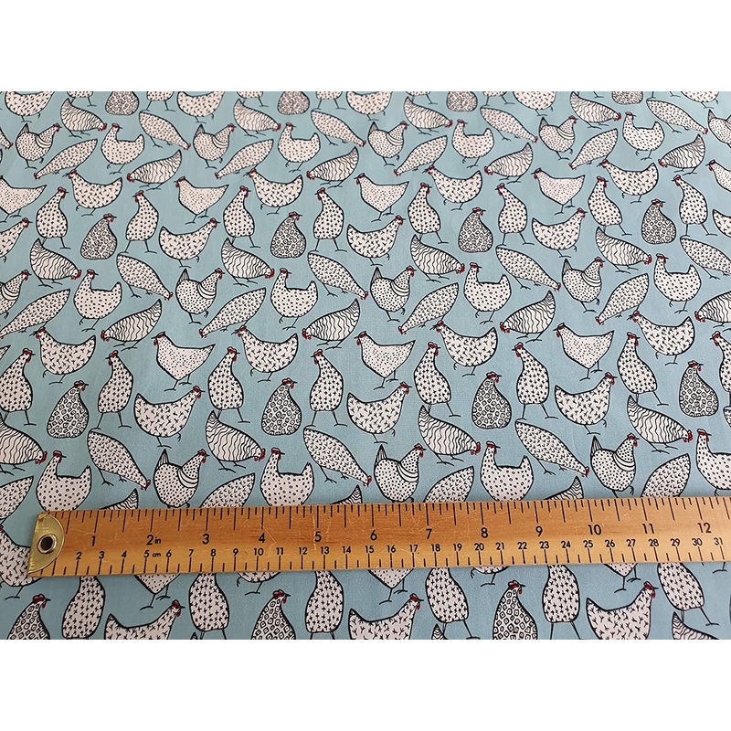 1M 100% Cotton Poplin Chickens on Duck egg Blue Fabric (45 inche width)