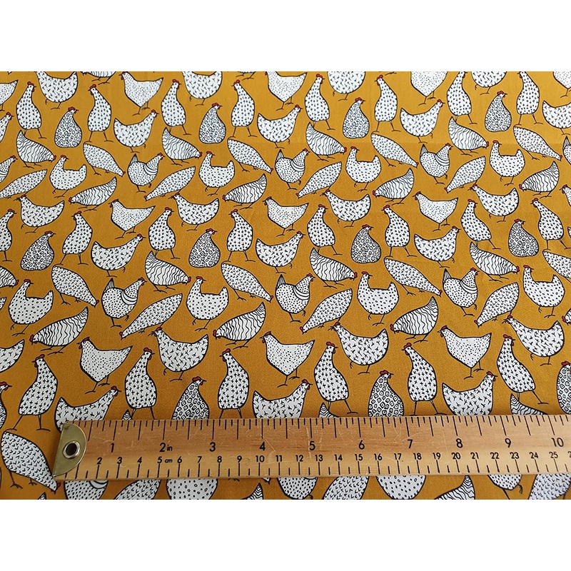 1M 100% Cotton Poplin Mustard Ochre Chickens Width: 110cm (45 inches)
