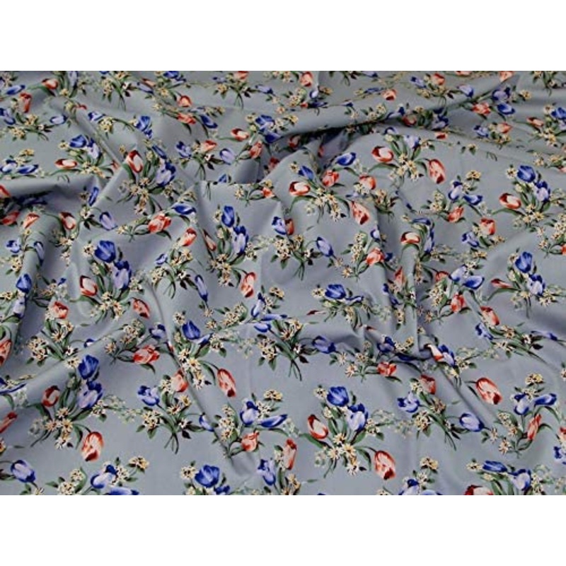1m Blue\Orange Tulips on Grey 100% Cotton Fabric x 110cm Width