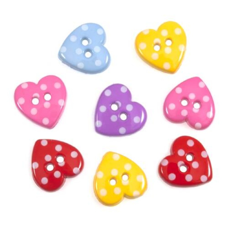 Novelty Craft Buttons, Polka Dot Spotty Hearts – Pack of 8