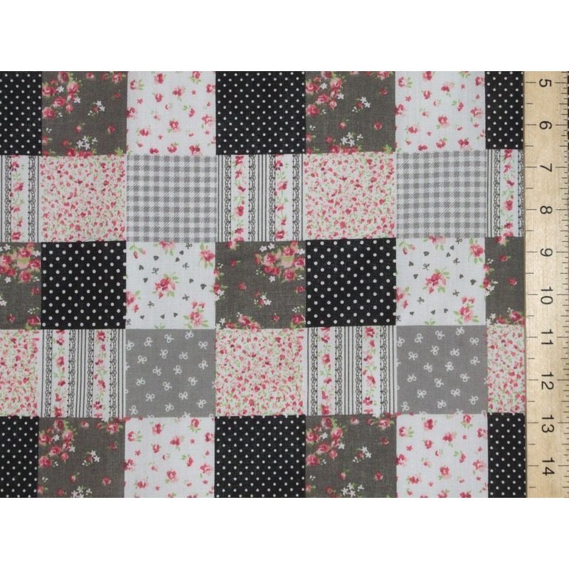 1 Metre Black Patch Work Polycotton Fabric x 110cm / 43